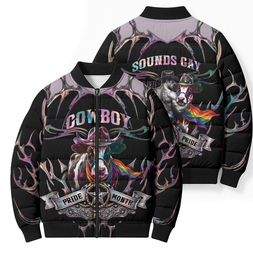 Cowboy Pride Month Sounds Gay Im in Bomber Puffer Jacket Y2K Tribal Chrome With Rainbow Scarf Cow