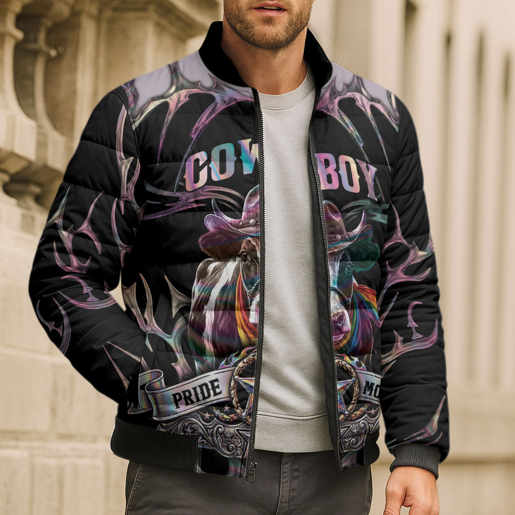 Cowboy Pride Month Sounds Gay Im in Bomber Puffer Jacket Y2K Tribal Chrome With Rainbow Scarf Cow