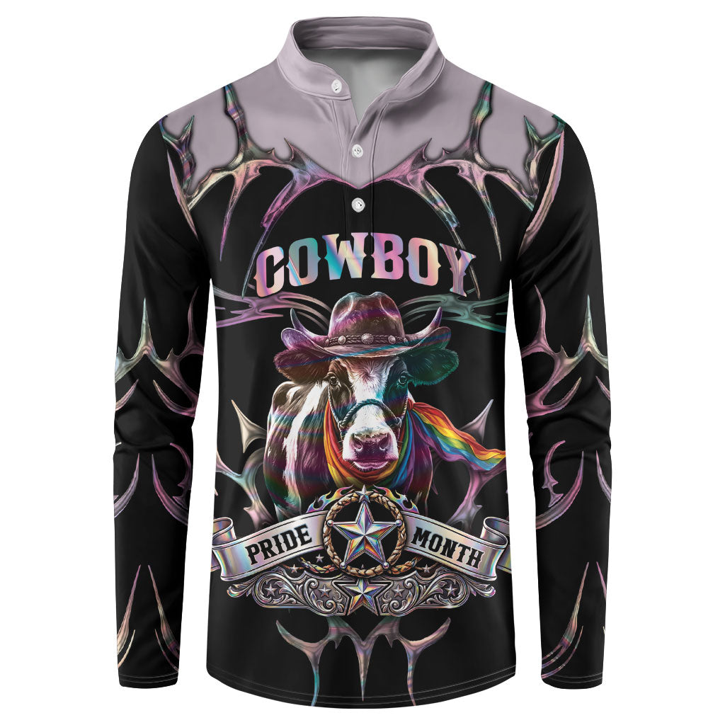 Cowboy Pride Month Sounds Gay Im in Button Sweatshirt Y2K Tribal Chrome With Rainbow Scarf Cow