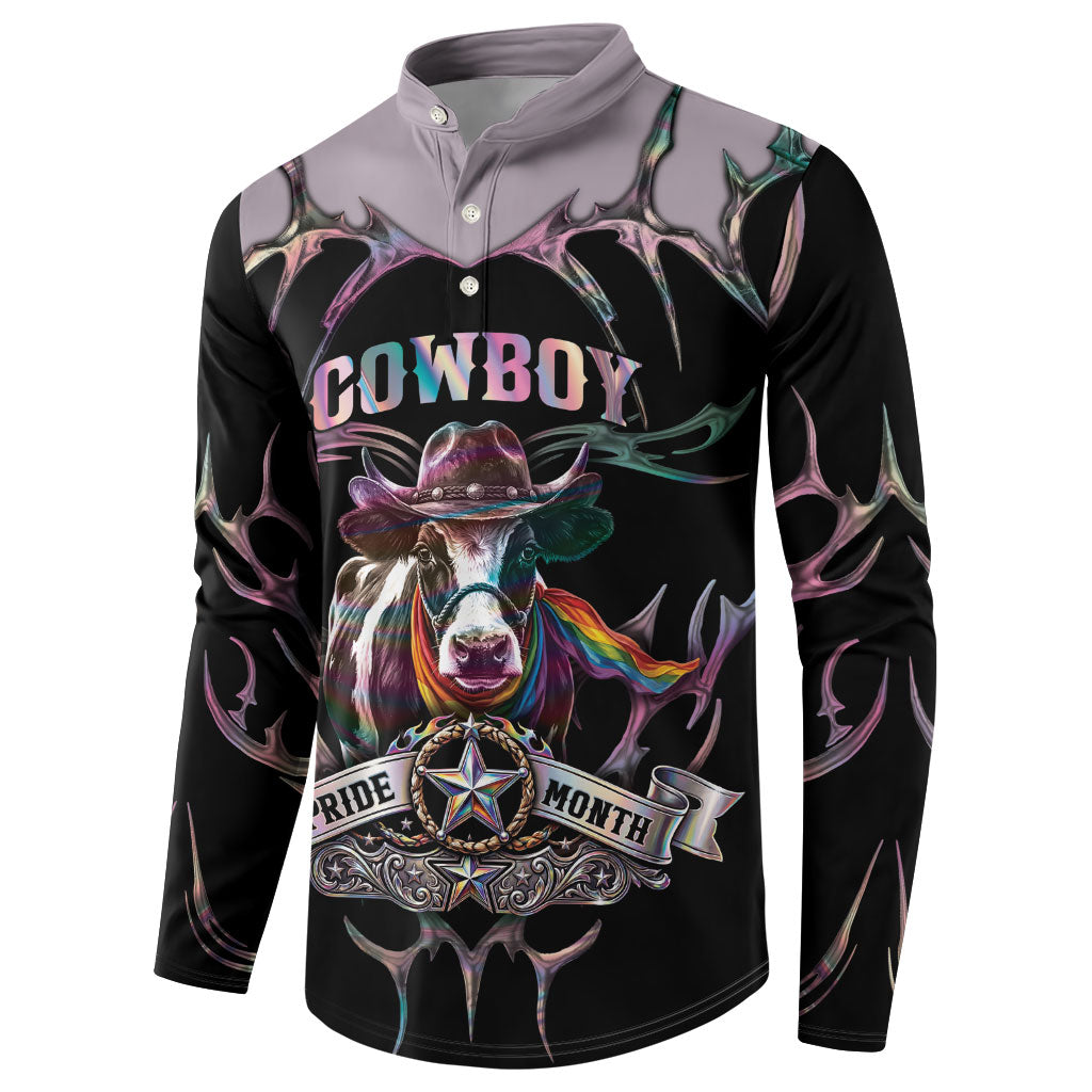 Cowboy Pride Month Sounds Gay Im in Button Sweatshirt Y2K Tribal Chrome With Rainbow Scarf Cow