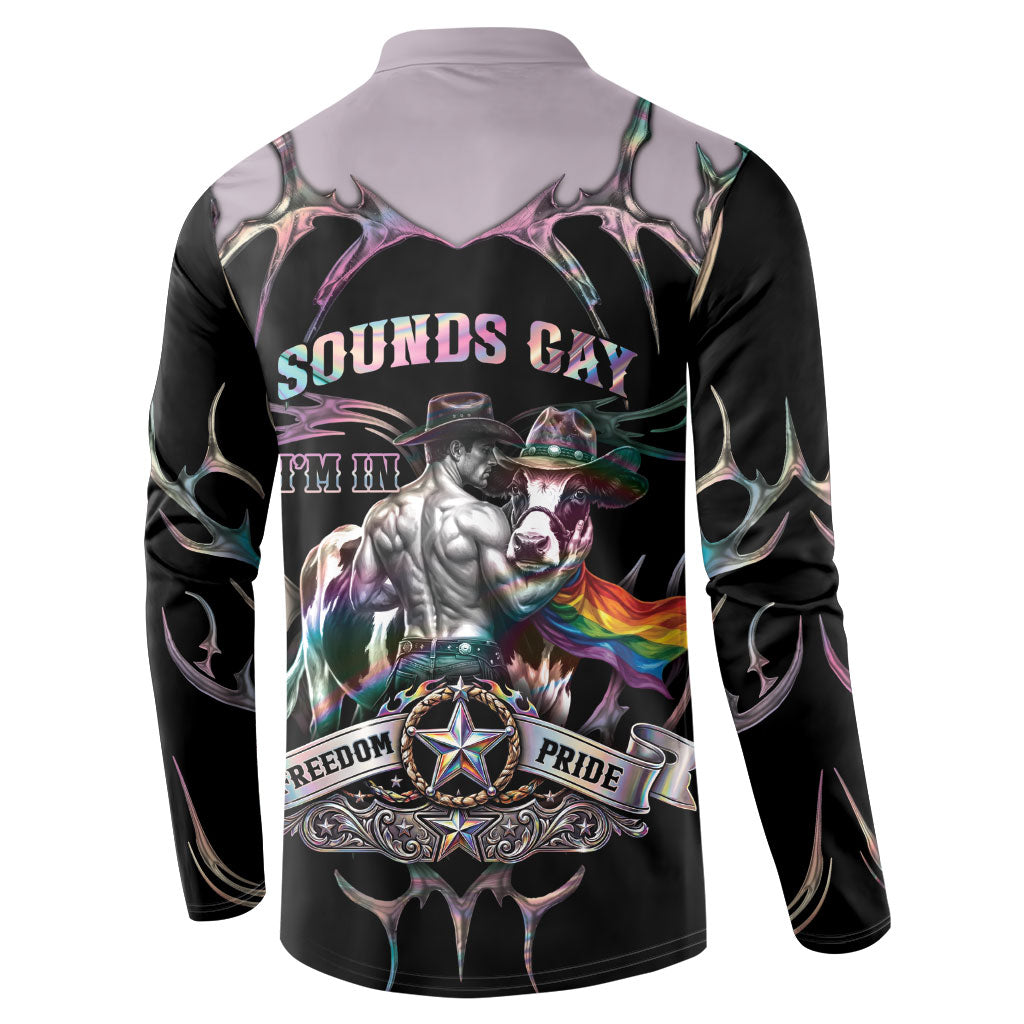 Cowboy Pride Month Sounds Gay Im in Button Sweatshirt Y2K Tribal Chrome With Rainbow Scarf Cow