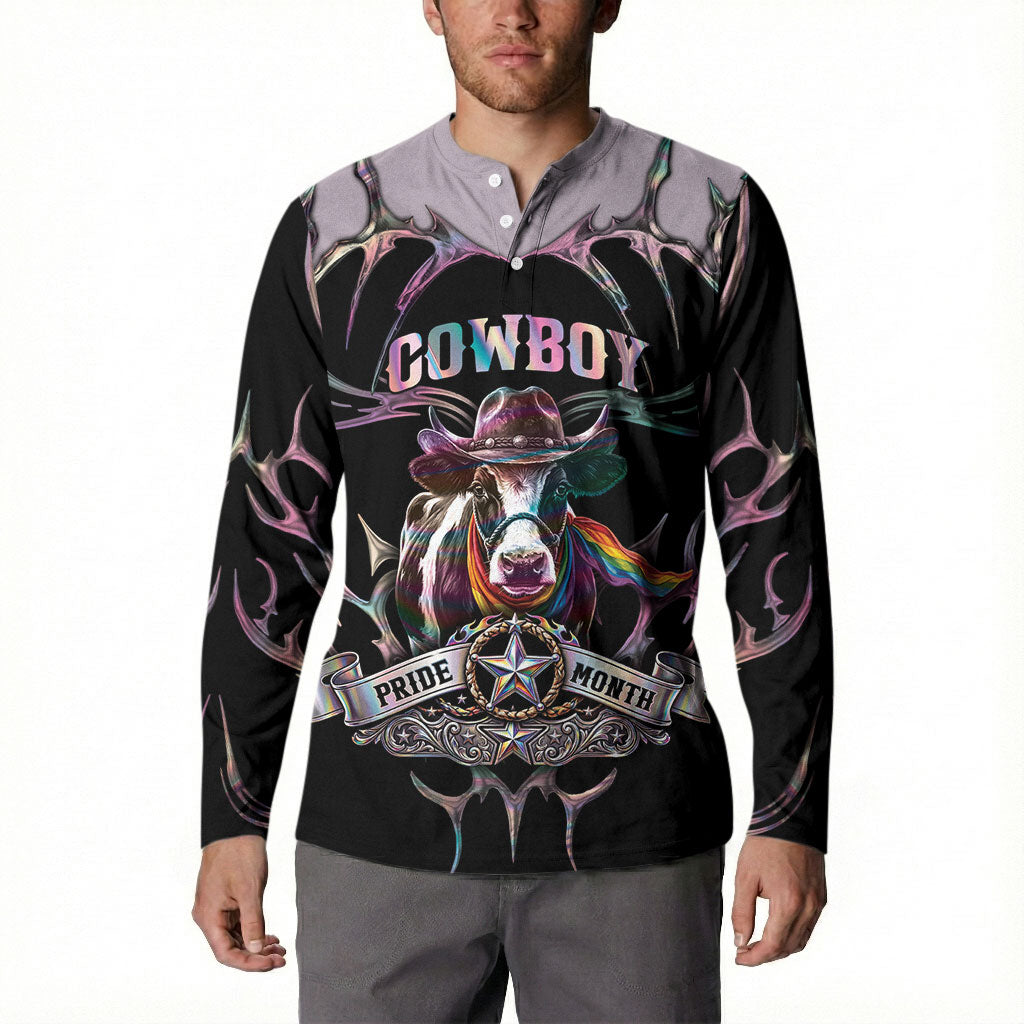 Cowboy Pride Month Sounds Gay Im in Button Sweatshirt Y2K Tribal Chrome With Rainbow Scarf Cow