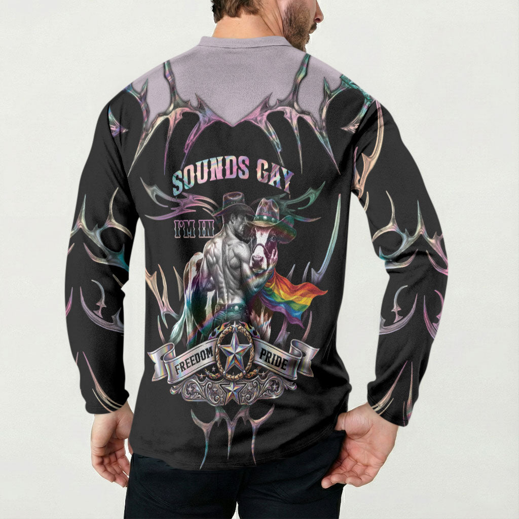 Cowboy Pride Month Sounds Gay Im in Button Sweatshirt Y2K Tribal Chrome With Rainbow Scarf Cow