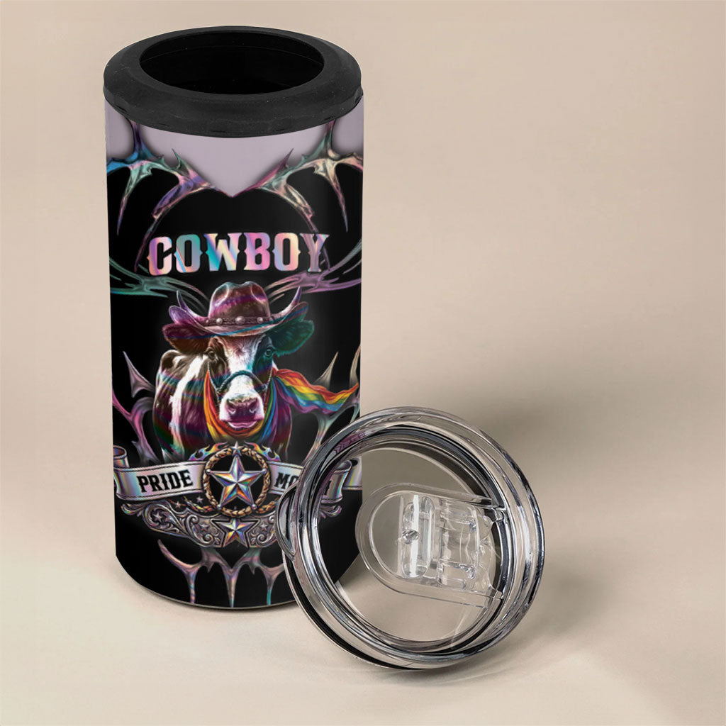 Cowboy Pride Month Sounds Gay Im in 4 in 1 Can Cooler Tumbler Y2K Tribal Chrome With Rainbow Scarf Cow