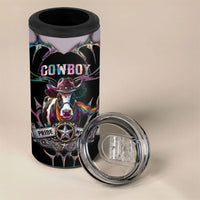 Cowboy Pride Month Sounds Gay Im in 4 in 1 Can Cooler Tumbler Y2K Tribal Chrome With Rainbow Scarf Cow