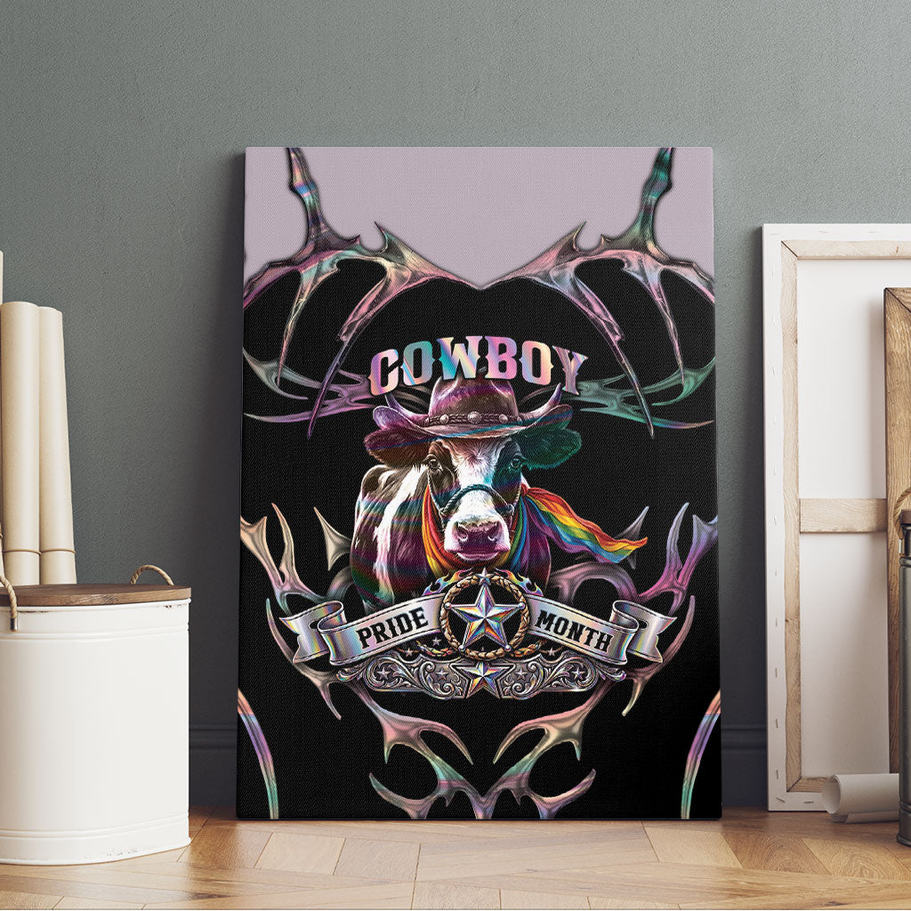 Cowboy Pride Month Sounds Gay Im in Canvas Wall Art Y2K Tribal Chrome With Rainbow Scarf Cow