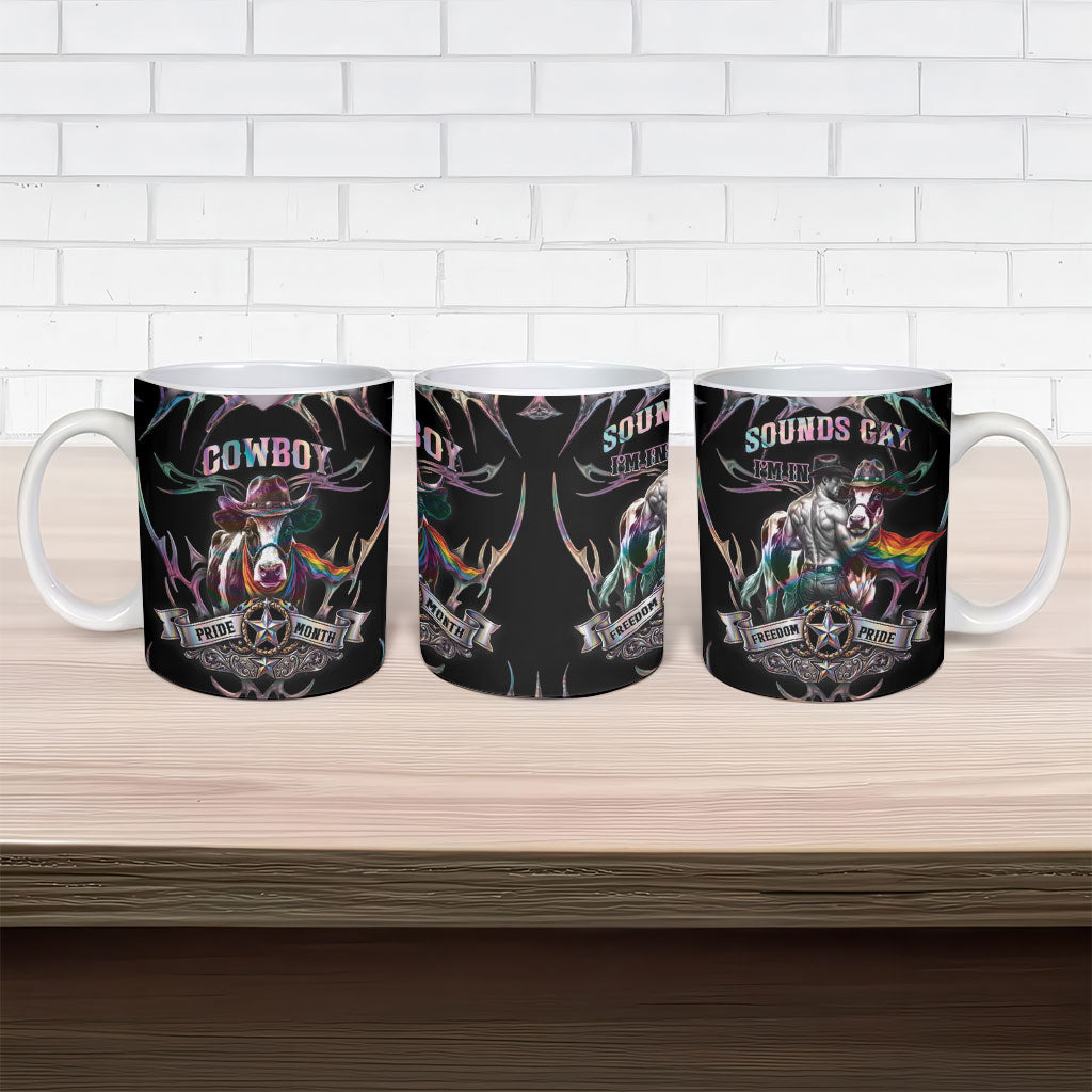 Cowboy Pride Month Sounds Gay Im in Ceramic Mug Y2K Tribal Chrome With Rainbow Scarf Cow