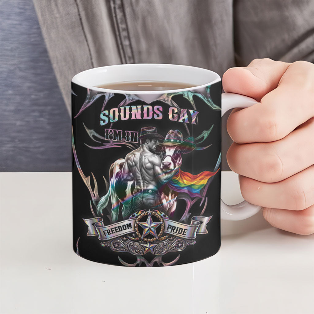Cowboy Pride Month Sounds Gay Im in Ceramic Mug Y2K Tribal Chrome With Rainbow Scarf Cow