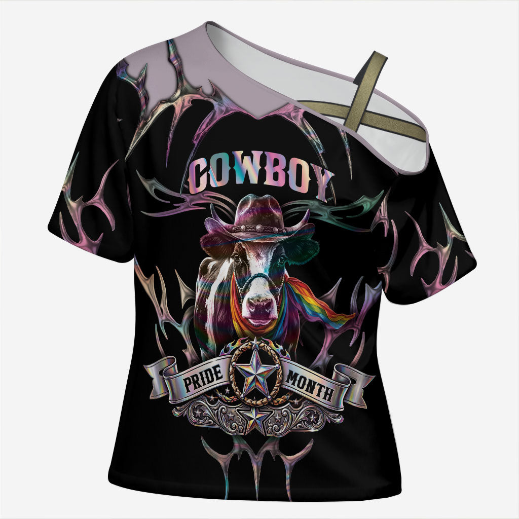 Cowboy Pride Month Sounds Gay Im in Cross Shoulder Shirt Y2K Tribal Chrome With Rainbow Scarf Cow