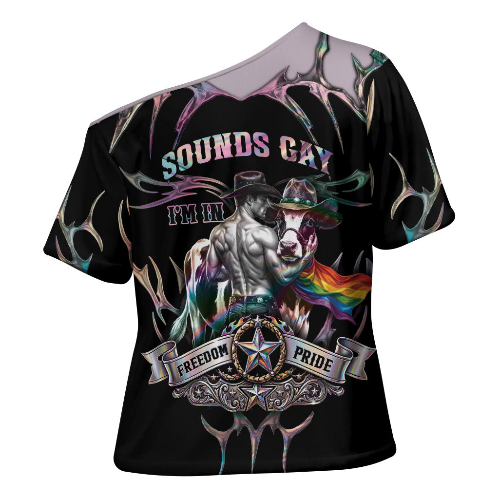 Cowboy Pride Month Sounds Gay Im in Cross Shoulder Shirt Y2K Tribal Chrome With Rainbow Scarf Cow