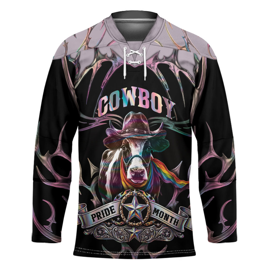 Cowboy Pride Month Sounds Gay Im in Hockey Jersey Y2K Tribal Chrome With Rainbow Scarf Cow