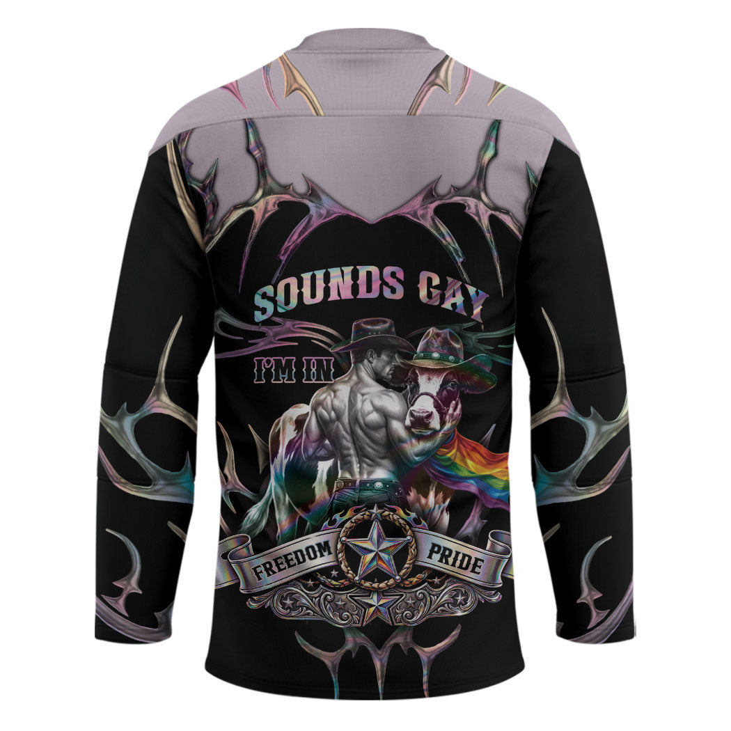 Cowboy Pride Month Sounds Gay Im in Hockey Jersey Y2K Tribal Chrome With Rainbow Scarf Cow