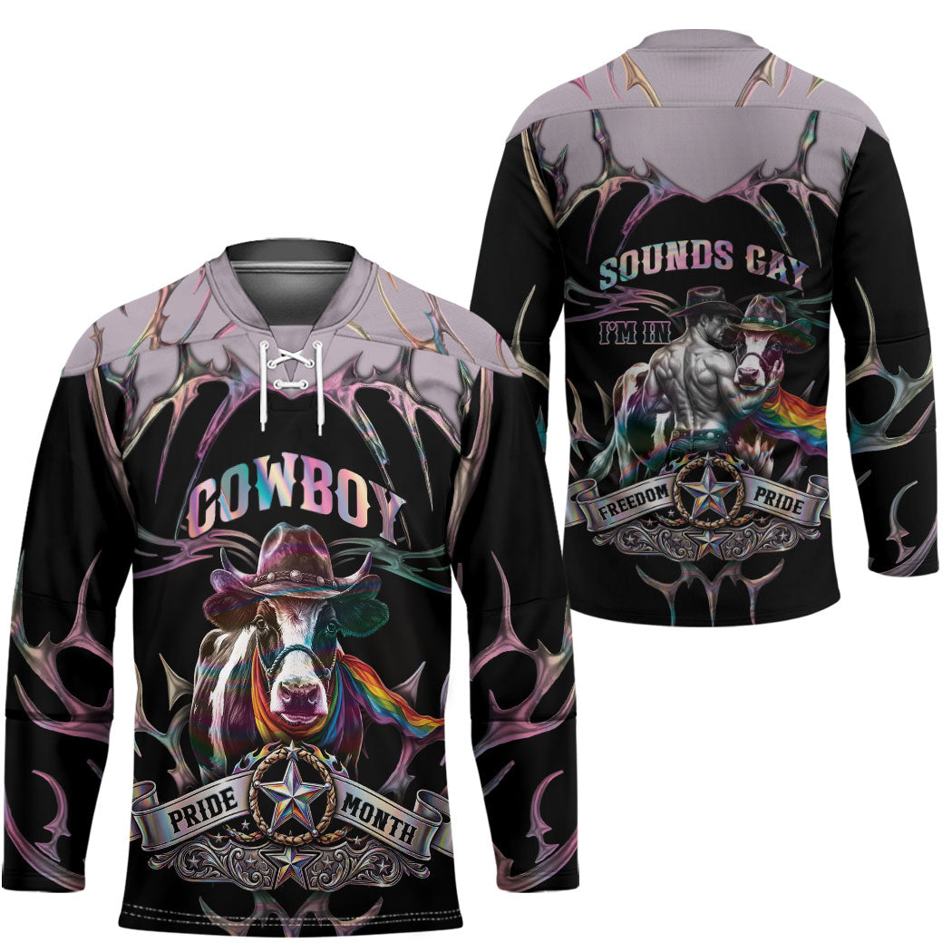 Cowboy Pride Month Sounds Gay Im in Hockey Jersey Y2K Tribal Chrome With Rainbow Scarf Cow