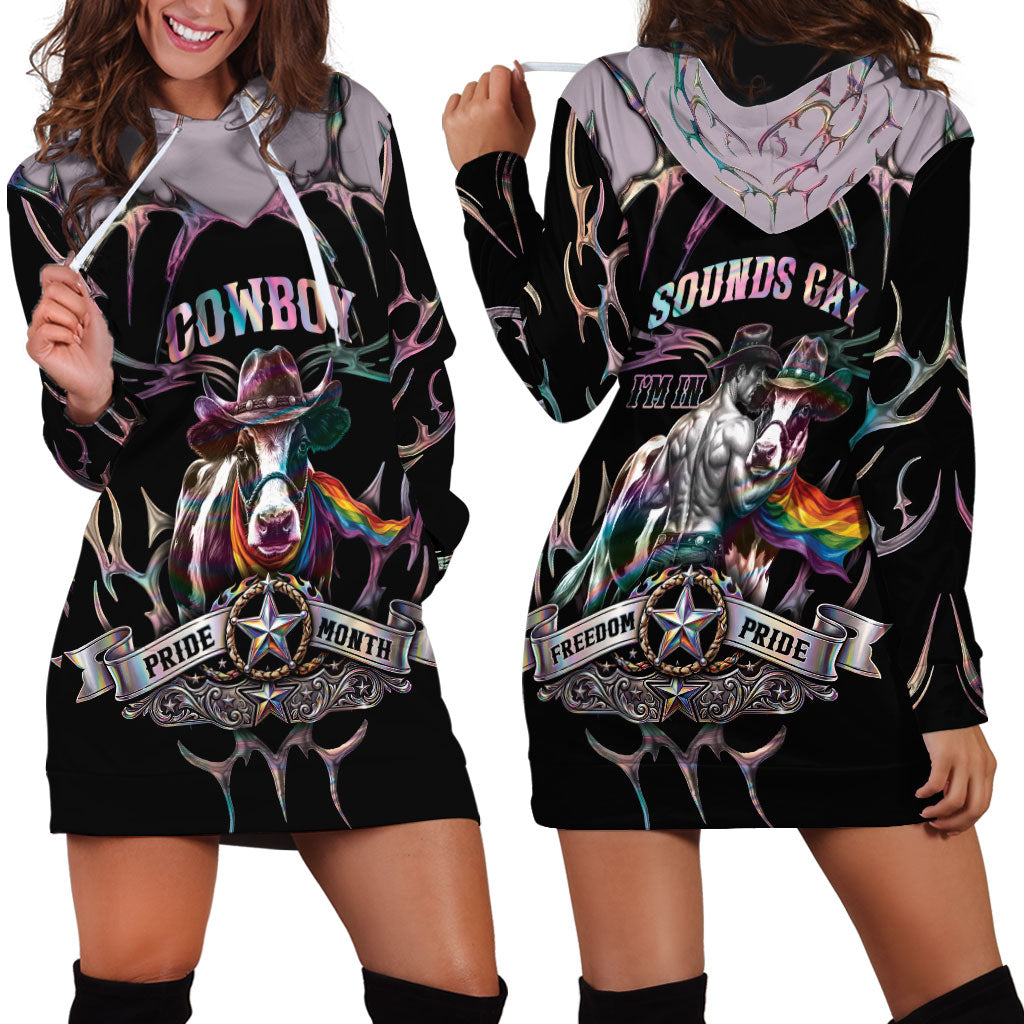 Cowboy Pride Month Sounds Gay Im in Hoodie Dress Y2K Tribal Chrome With Rainbow Scarf Cow