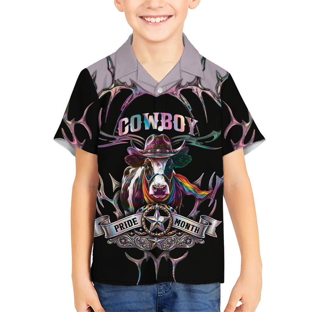 Cowboy Pride Month Sounds Gay Im in Kid Hawaiian Shirt Y2K Tribal Chrome With Rainbow Scarf Cow