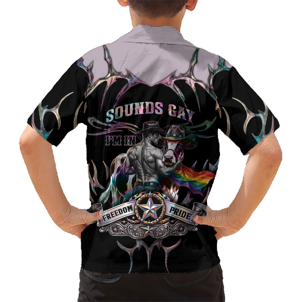 Cowboy Pride Month Sounds Gay Im in Kid Hawaiian Shirt Y2K Tribal Chrome With Rainbow Scarf Cow