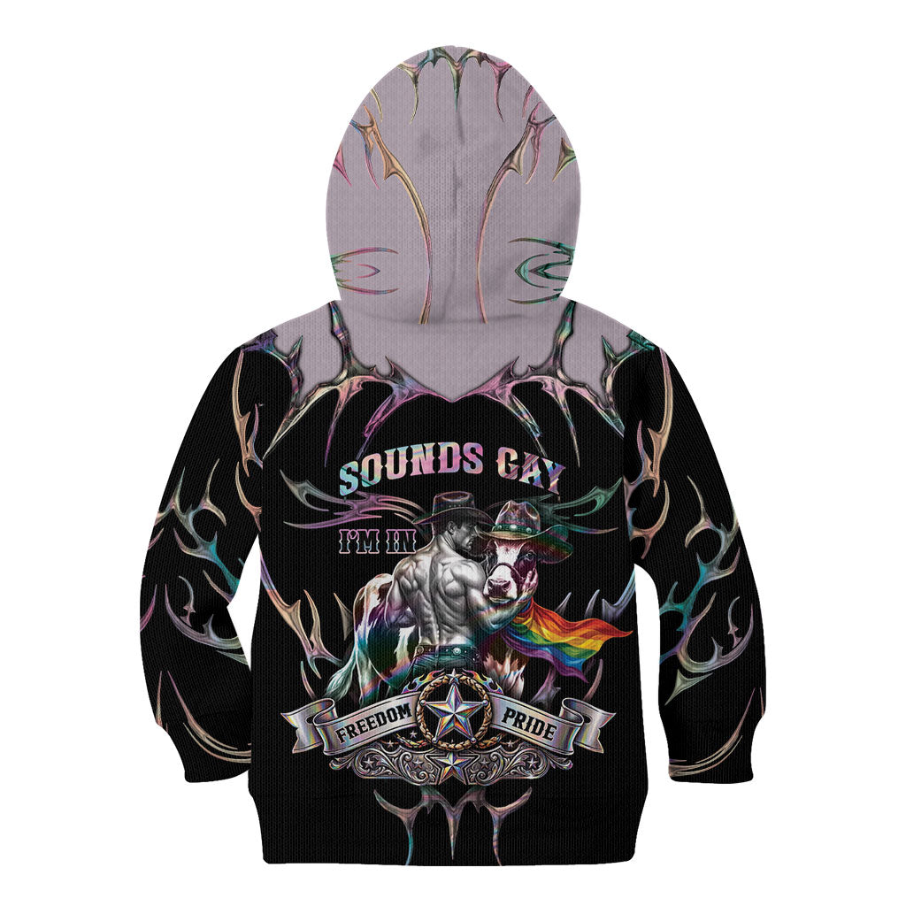 Cowboy Pride Month Sounds Gay Im in Kid Hoodie Y2K Tribal Chrome With Rainbow Scarf Cow