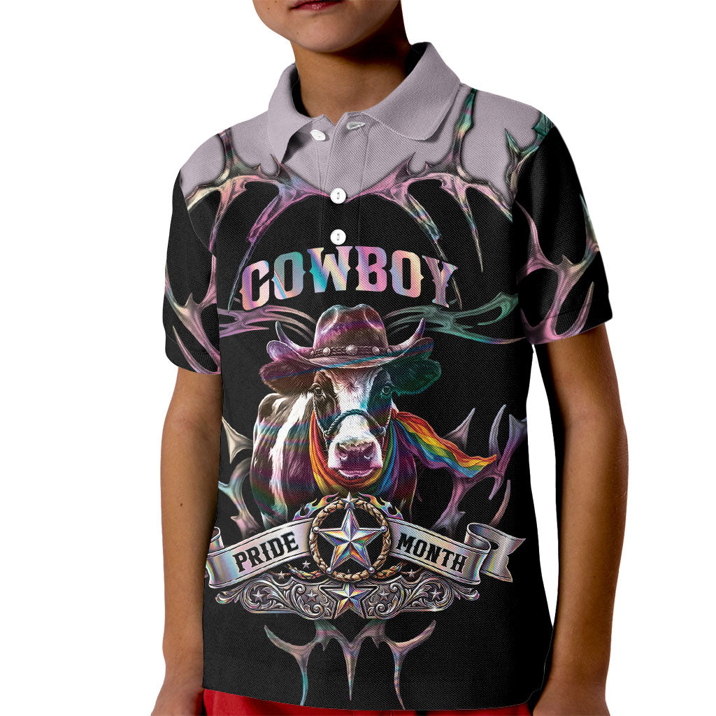 Cowboy Pride Month Sounds Gay Im in Kid Polo Shirt Y2K Tribal Chrome With Rainbow Scarf Cow