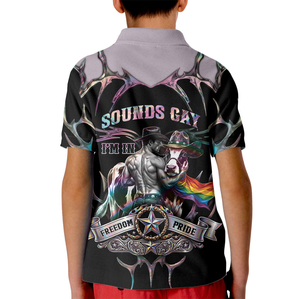 Cowboy Pride Month Sounds Gay Im in Kid Polo Shirt Y2K Tribal Chrome With Rainbow Scarf Cow
