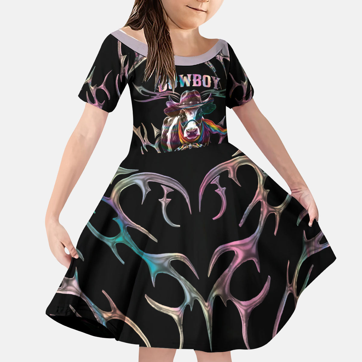 Cowboy Pride Month Sounds Gay Im in Kid Short Sleeve Dress Y2K Tribal Chrome With Rainbow Scarf Cow
