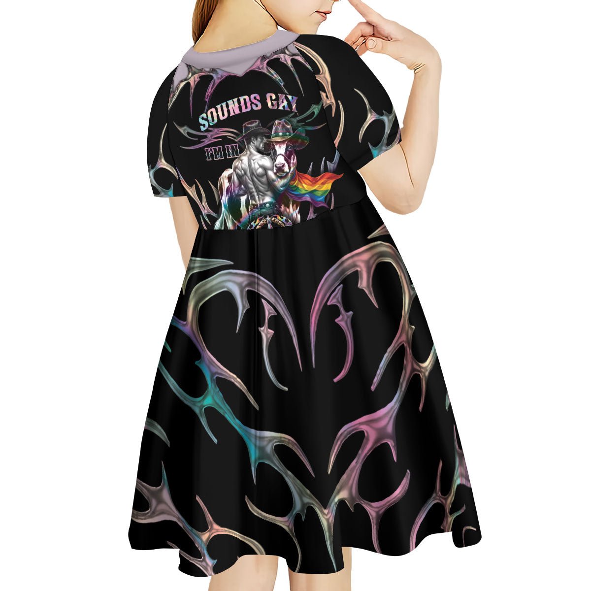 Cowboy Pride Month Sounds Gay Im in Kid Short Sleeve Dress Y2K Tribal Chrome With Rainbow Scarf Cow