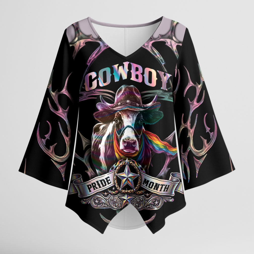 Cowboy Pride Month Sounds Gay Im in Kimono Sleeve Blouse Y2K Tribal Chrome With Rainbow Scarf Cow