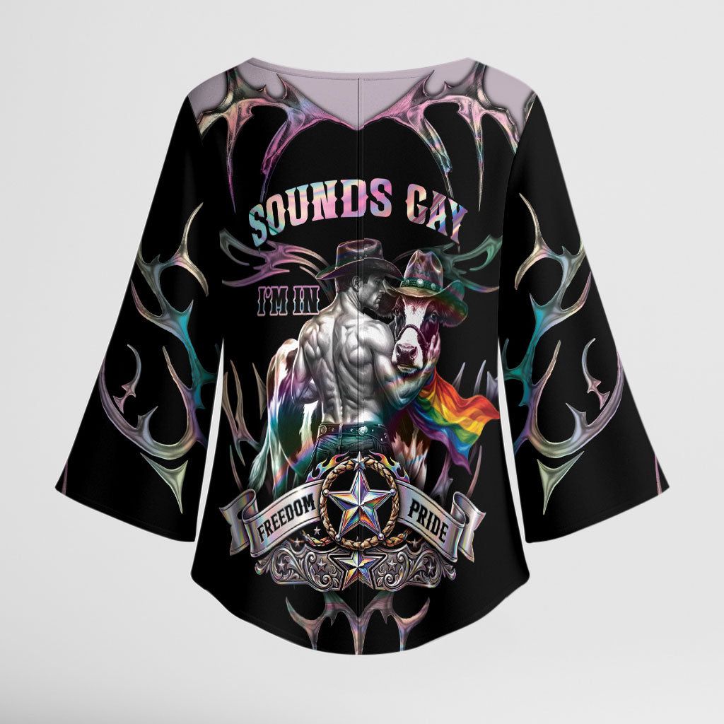 Cowboy Pride Month Sounds Gay Im in Kimono Sleeve Blouse Y2K Tribal Chrome With Rainbow Scarf Cow