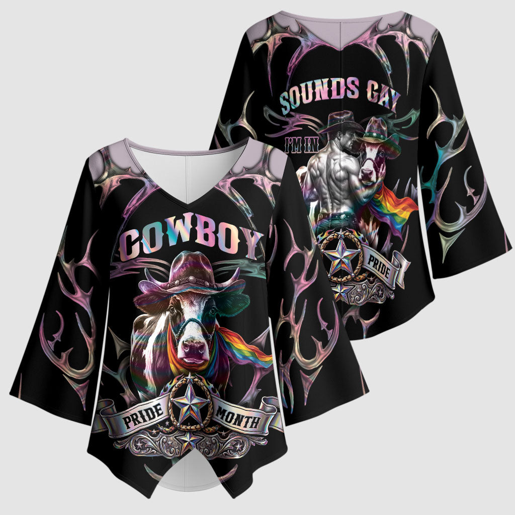 Cowboy Pride Month Sounds Gay Im in Kimono Sleeve Blouse Y2K Tribal Chrome With Rainbow Scarf Cow