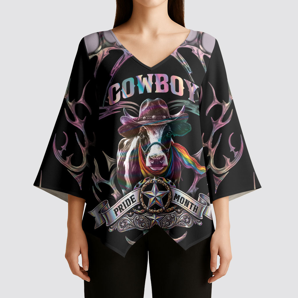 Cowboy Pride Month Sounds Gay Im in Kimono Sleeve Blouse Y2K Tribal Chrome With Rainbow Scarf Cow