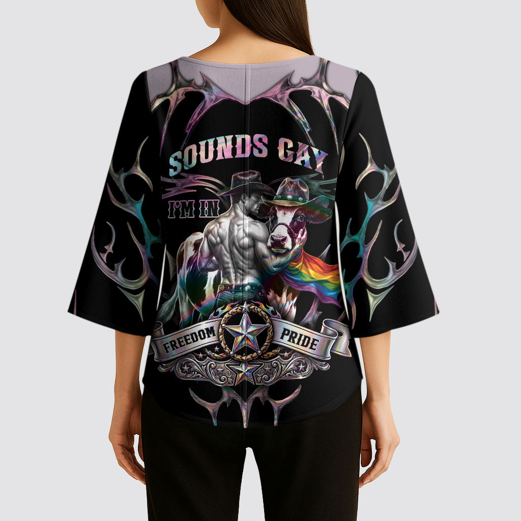 Cowboy Pride Month Sounds Gay Im in Kimono Sleeve Blouse Y2K Tribal Chrome With Rainbow Scarf Cow
