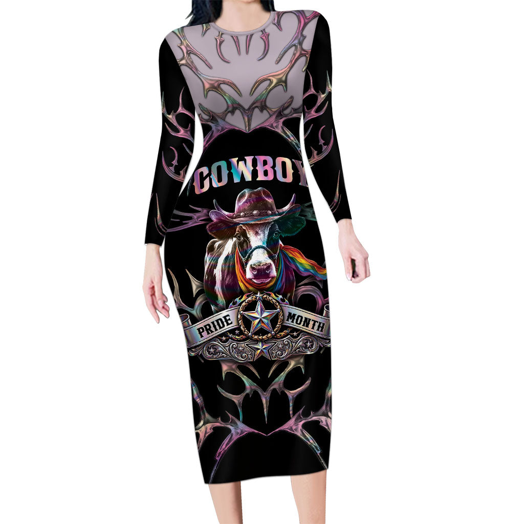 Cowboy Pride Month Sounds Gay Im in Long Sleeve Bodycon Dress Y2K Tribal Chrome With Rainbow Scarf Cow