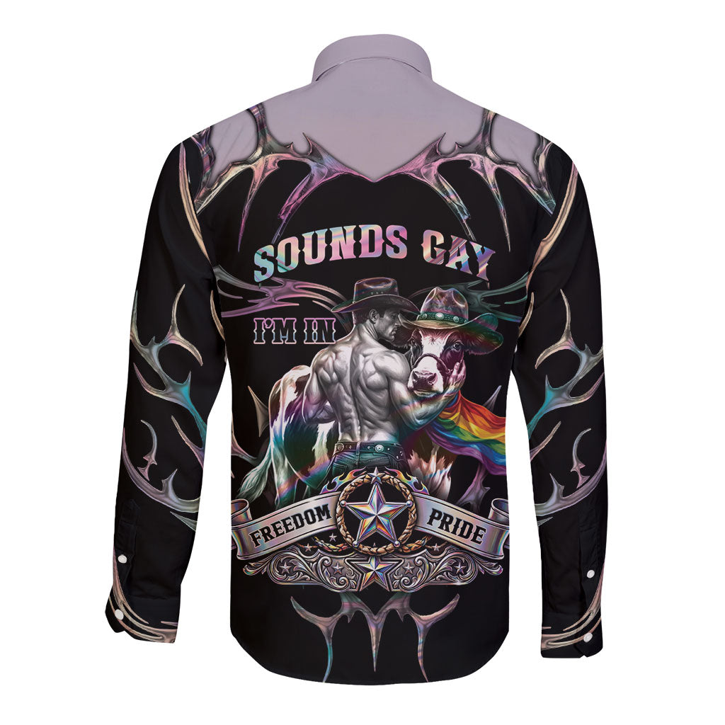 Cowboy Pride Month Sounds Gay Im in Long Sleeve Button Shirt Y2K Tribal Chrome With Rainbow Scarf Cow