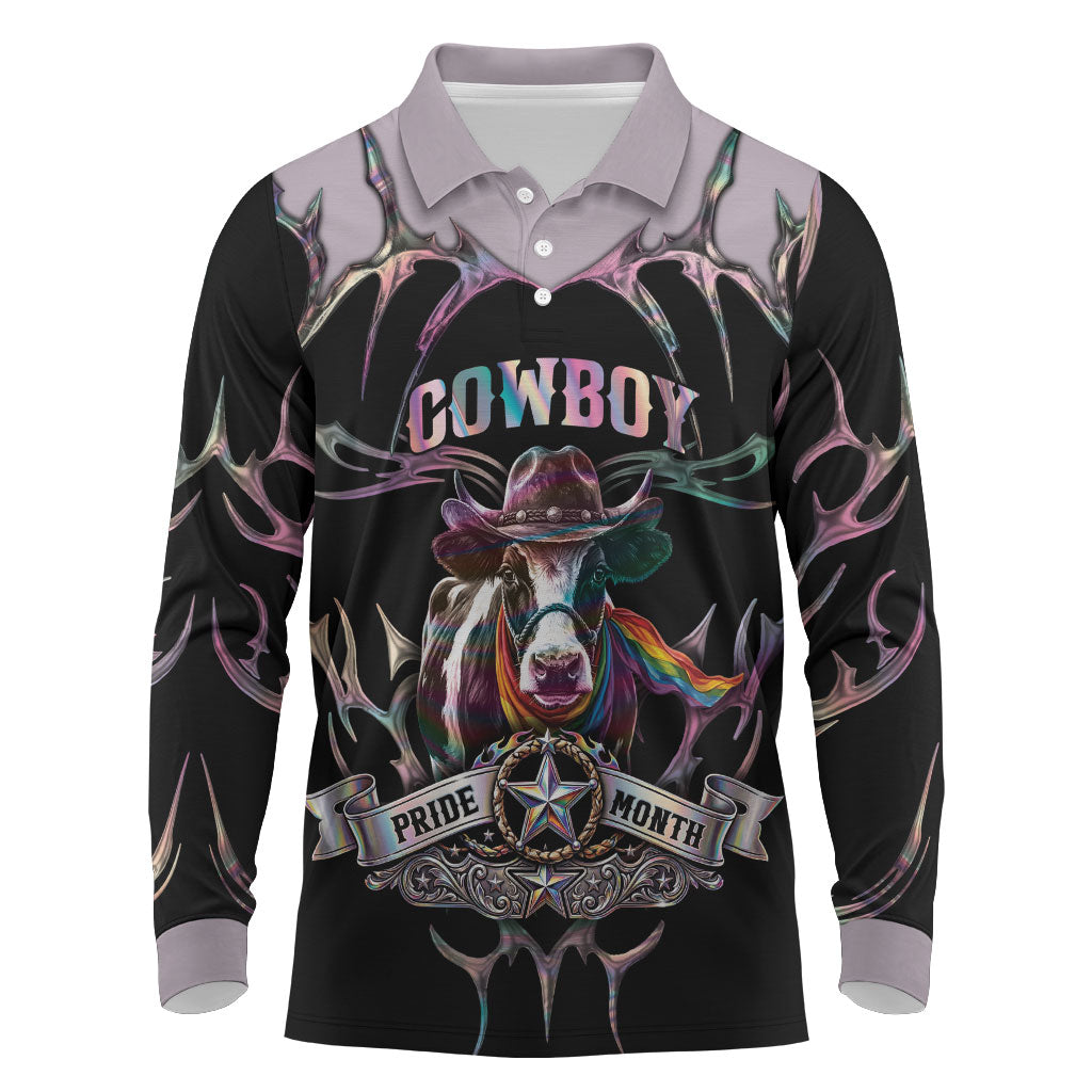 Cowboy Pride Month Sounds Gay Im in Long Sleeve Polo Shirt Y2K Tribal Chrome With Rainbow Scarf Cow