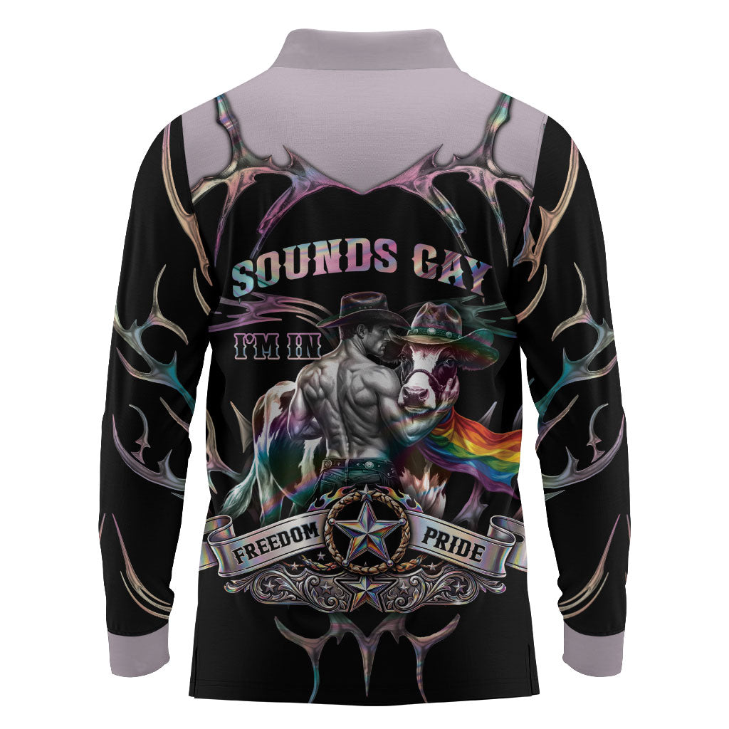 Cowboy Pride Month Sounds Gay Im in Long Sleeve Polo Shirt Y2K Tribal Chrome With Rainbow Scarf Cow