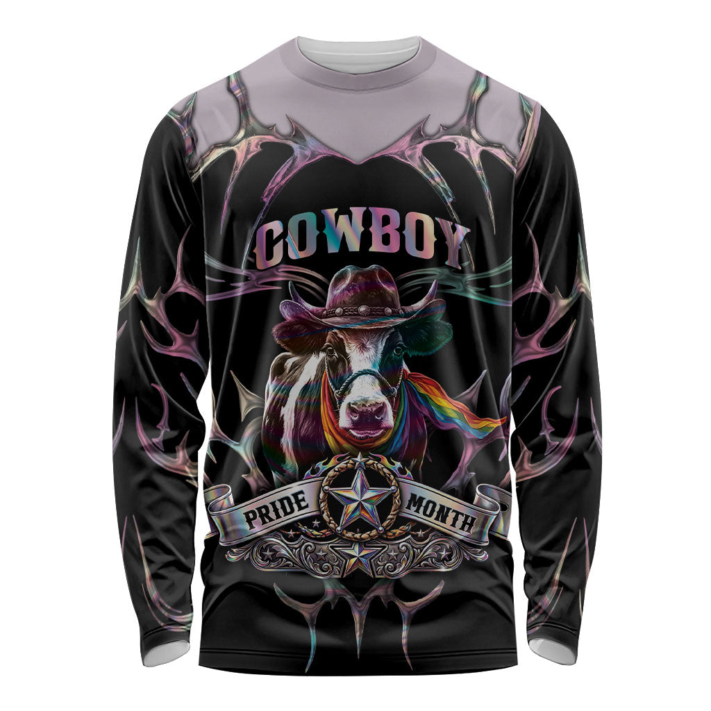 Cowboy Pride Month Sounds Gay Im in Long Sleeve Shirt Y2K Tribal Chrome With Rainbow Scarf Cow
