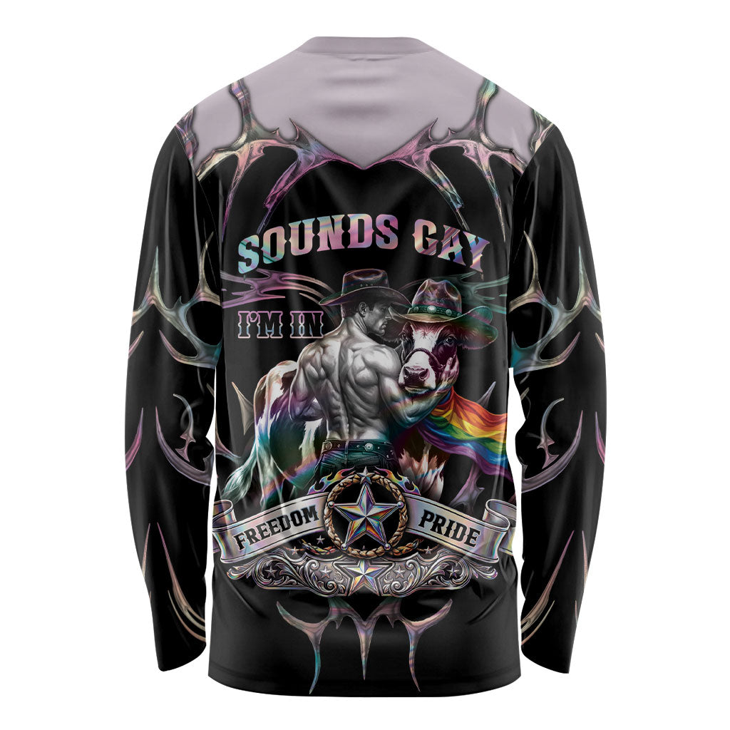 Cowboy Pride Month Sounds Gay Im in Long Sleeve Shirt Y2K Tribal Chrome With Rainbow Scarf Cow