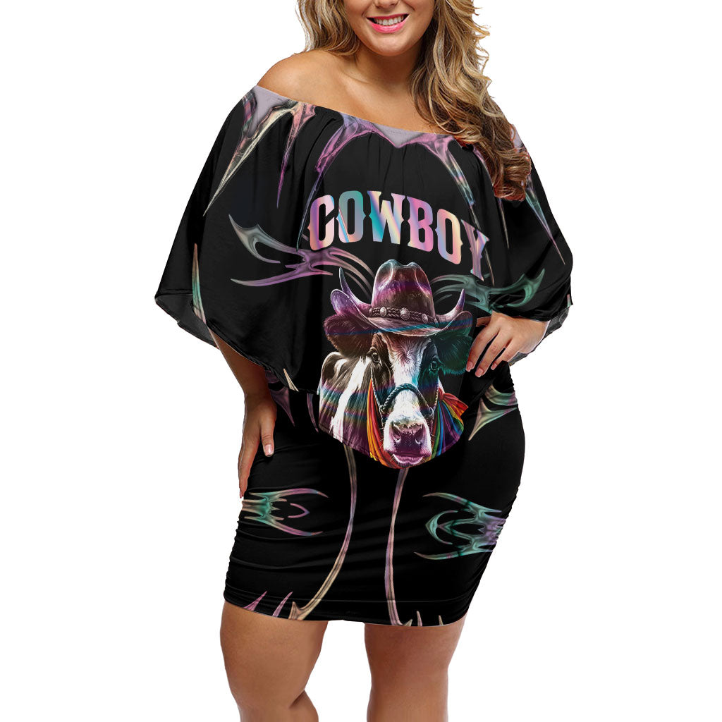 Cowboy Pride Month Sounds Gay Im in Off Shoulder Short Dress Y2K Tribal Chrome With Rainbow Scarf Cow