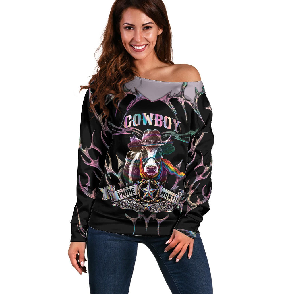Cowboy Pride Month Sounds Gay Im in Off Shoulder Sweater Y2K Tribal Chrome With Rainbow Scarf Cow