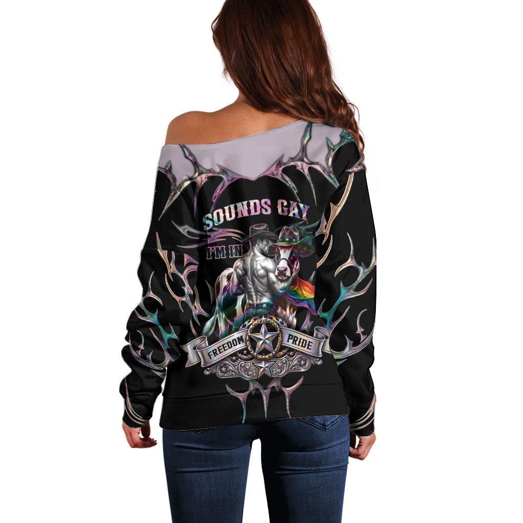 Cowboy Pride Month Sounds Gay Im in Off Shoulder Sweater Y2K Tribal Chrome With Rainbow Scarf Cow