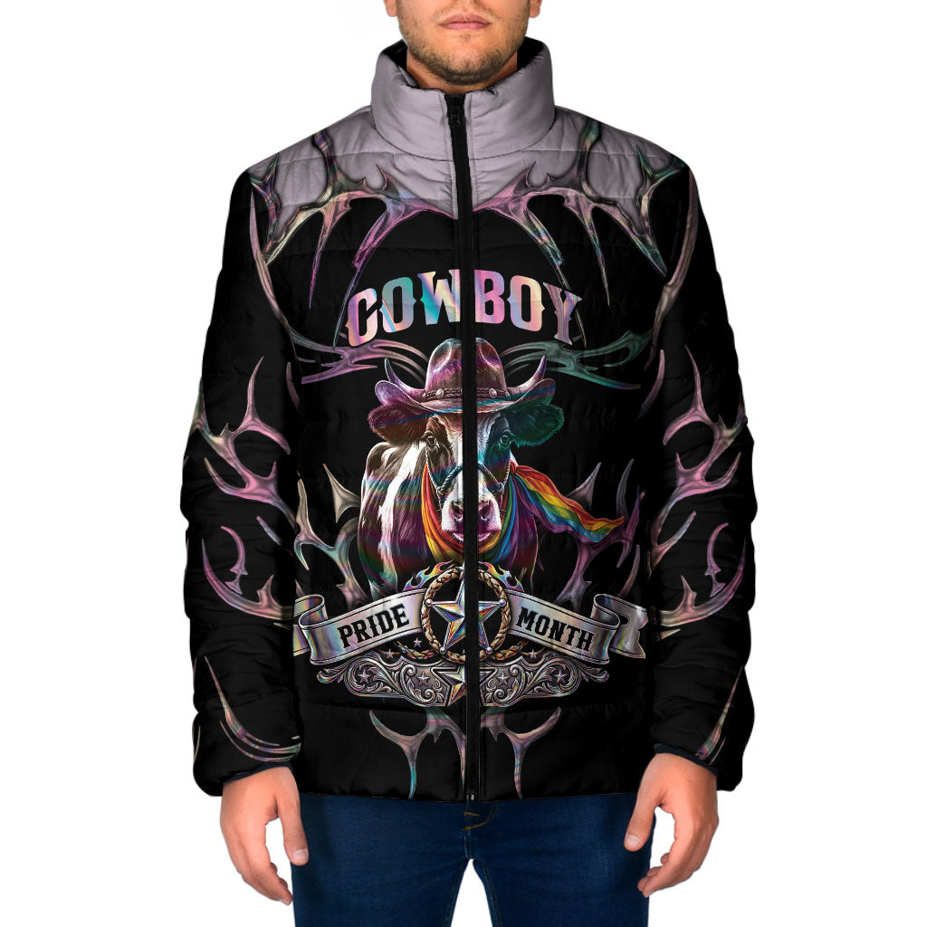 Cowboy Pride Month Sounds Gay Im in Padded Jacket Y2K Tribal Chrome With Rainbow Scarf Cow