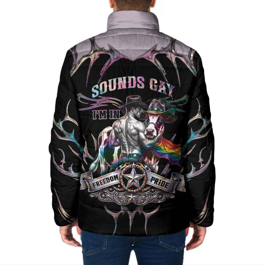Cowboy Pride Month Sounds Gay Im in Padded Jacket Y2K Tribal Chrome With Rainbow Scarf Cow