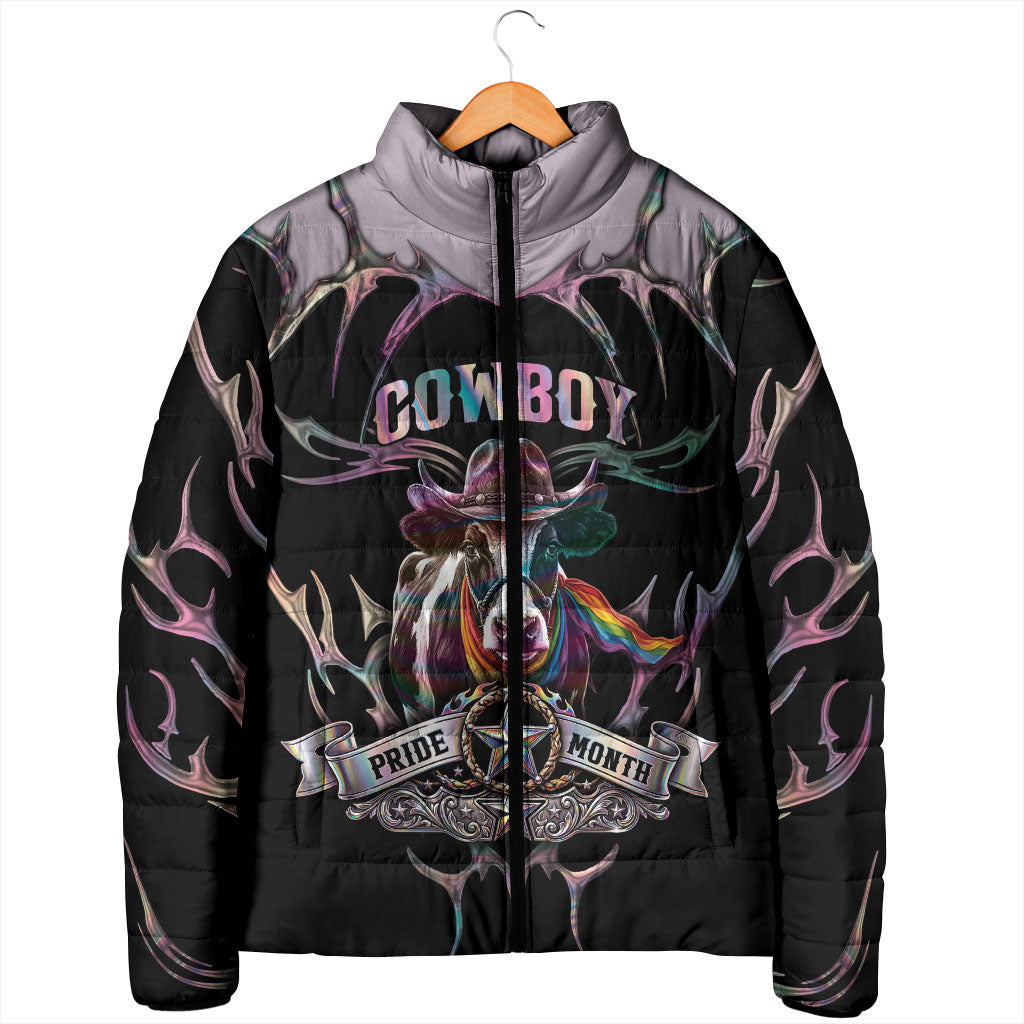 Cowboy Pride Month Sounds Gay Im in Padded Jacket Y2K Tribal Chrome With Rainbow Scarf Cow