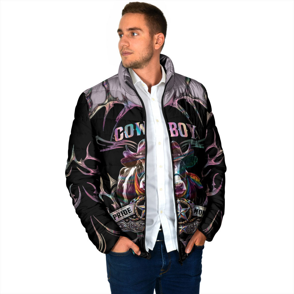 Cowboy Pride Month Sounds Gay Im in Padded Jacket Y2K Tribal Chrome With Rainbow Scarf Cow