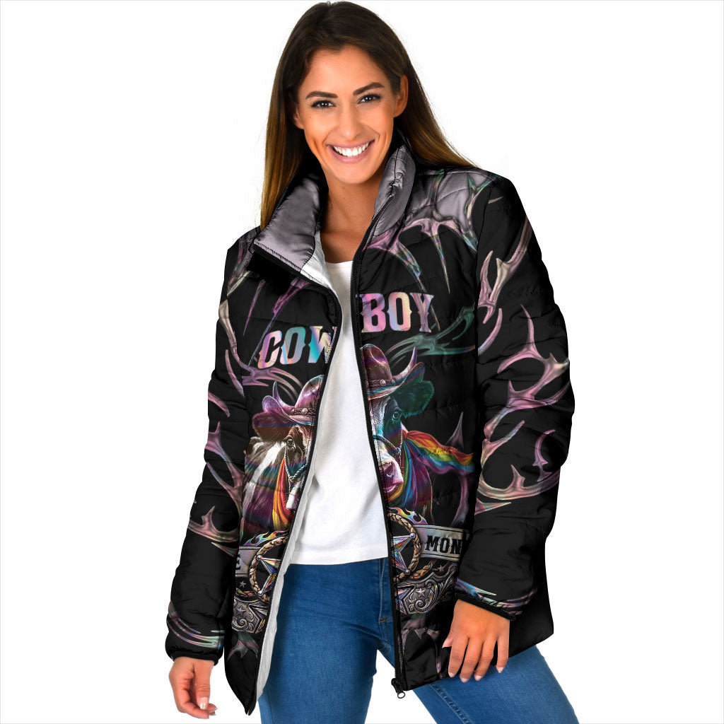 Cowboy Pride Month Sounds Gay Im in Padded Jacket Y2K Tribal Chrome With Rainbow Scarf Cow