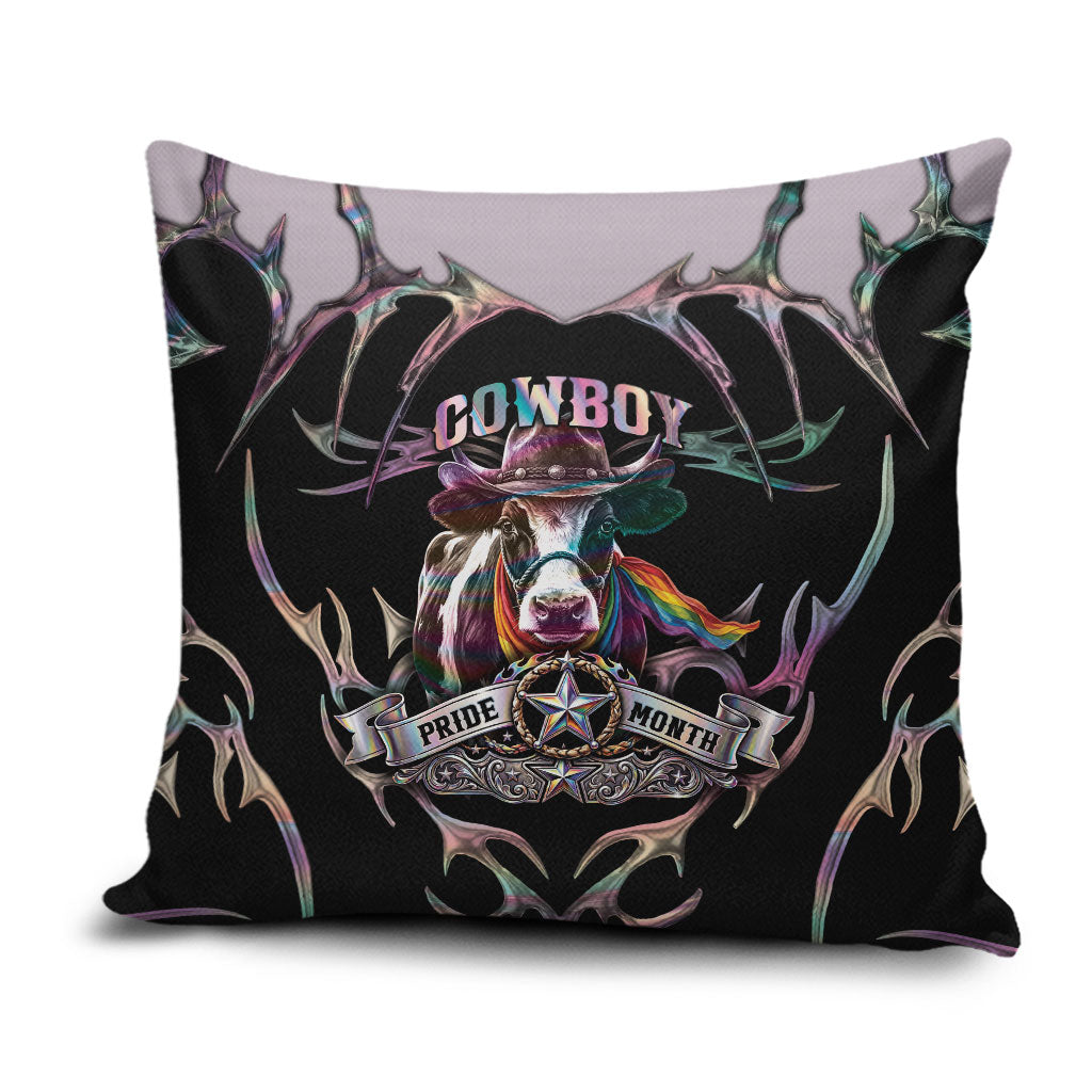 Cowboy Pride Month Sounds Gay Im in Pillow Cover Y2K Tribal Chrome With Rainbow Scarf Cow