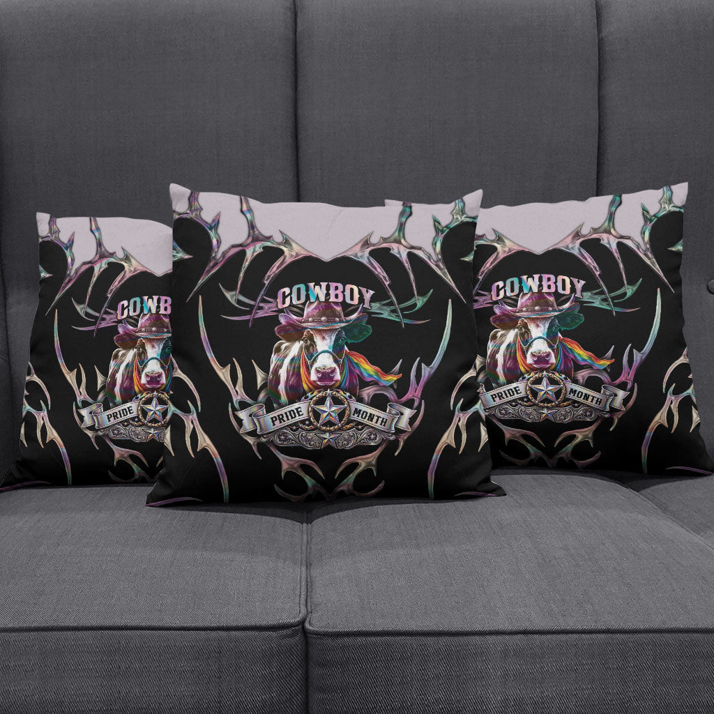 Cowboy Pride Month Sounds Gay Im in Pillow Cover Y2K Tribal Chrome With Rainbow Scarf Cow