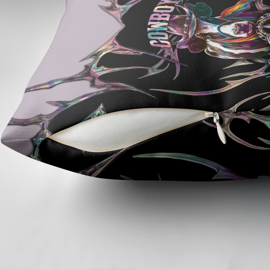 Cowboy Pride Month Sounds Gay Im in Pillow Cover Y2K Tribal Chrome With Rainbow Scarf Cow