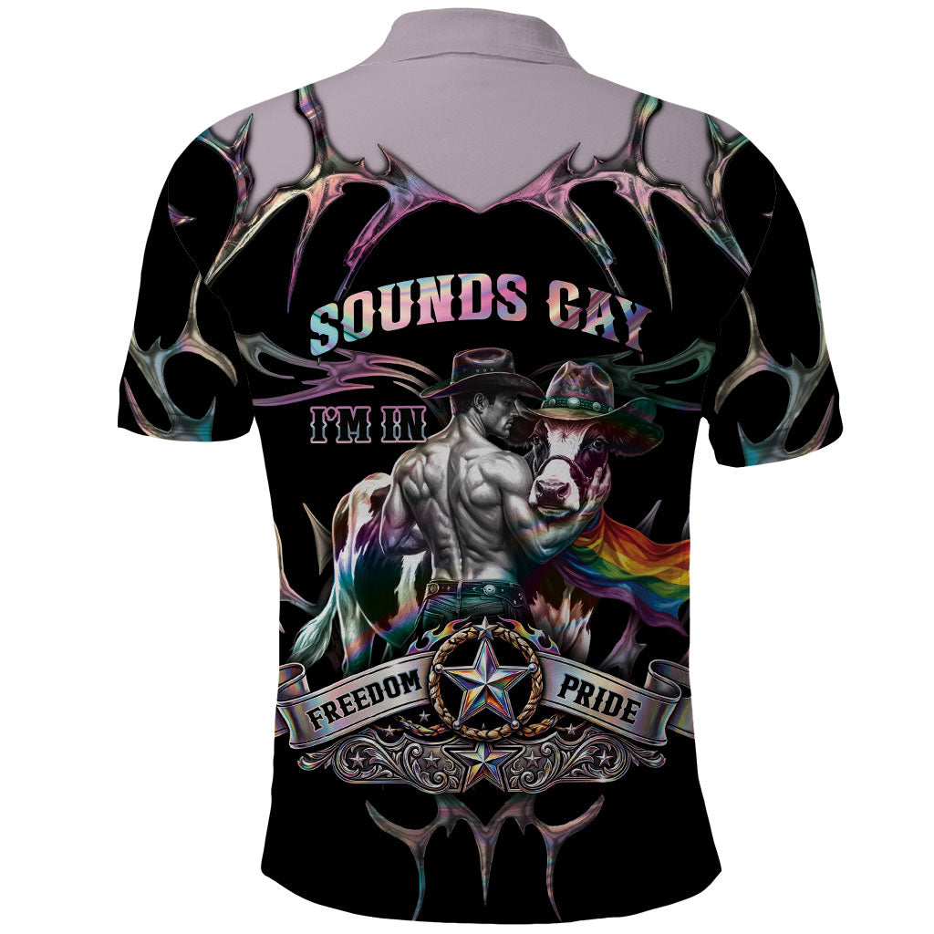 Cowboy Pride Month Sounds Gay Im in Polo Shirt Y2K Tribal Chrome With Rainbow Scarf Cow