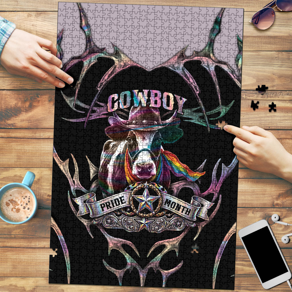 Cowboy Pride Month Sounds Gay Im in Puzzle Y2K Tribal Chrome With Rainbow Scarf Cow