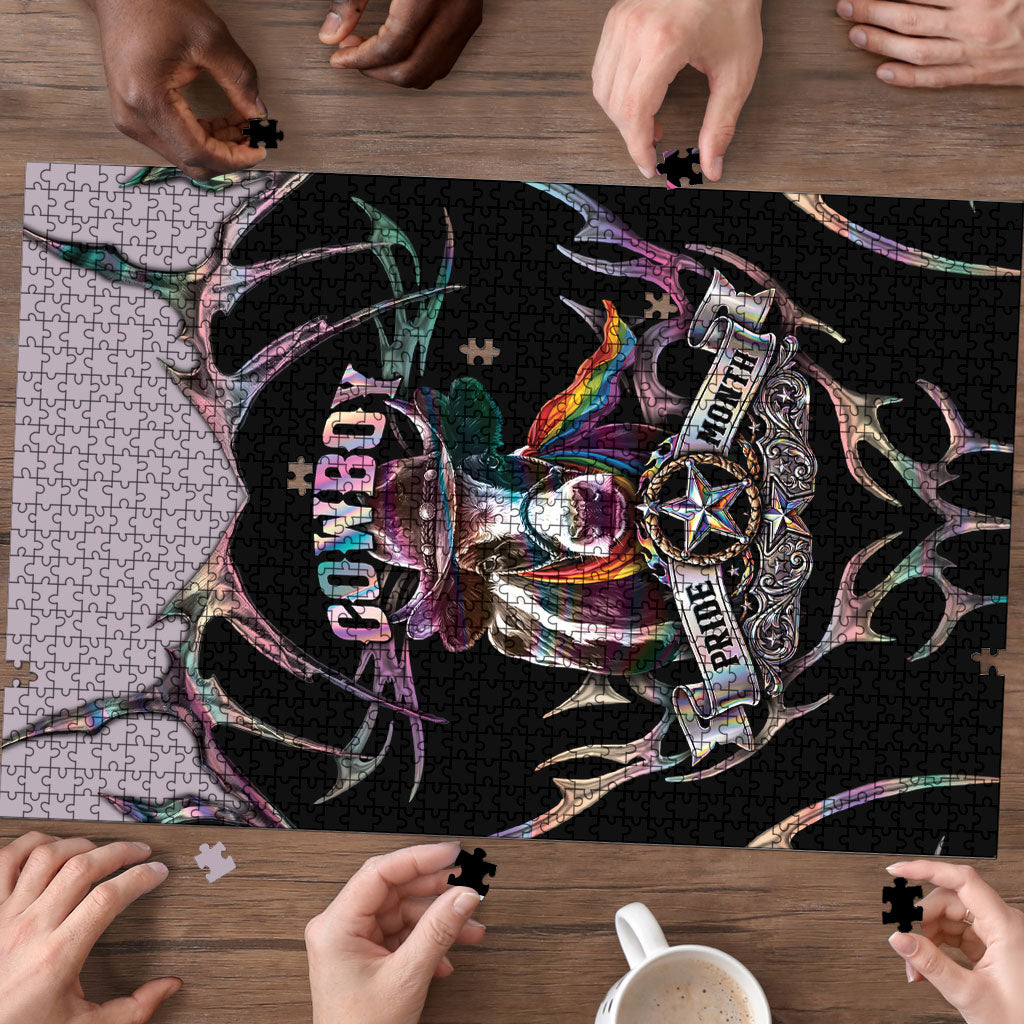 Cowboy Pride Month Sounds Gay Im in Puzzle Y2K Tribal Chrome With Rainbow Scarf Cow